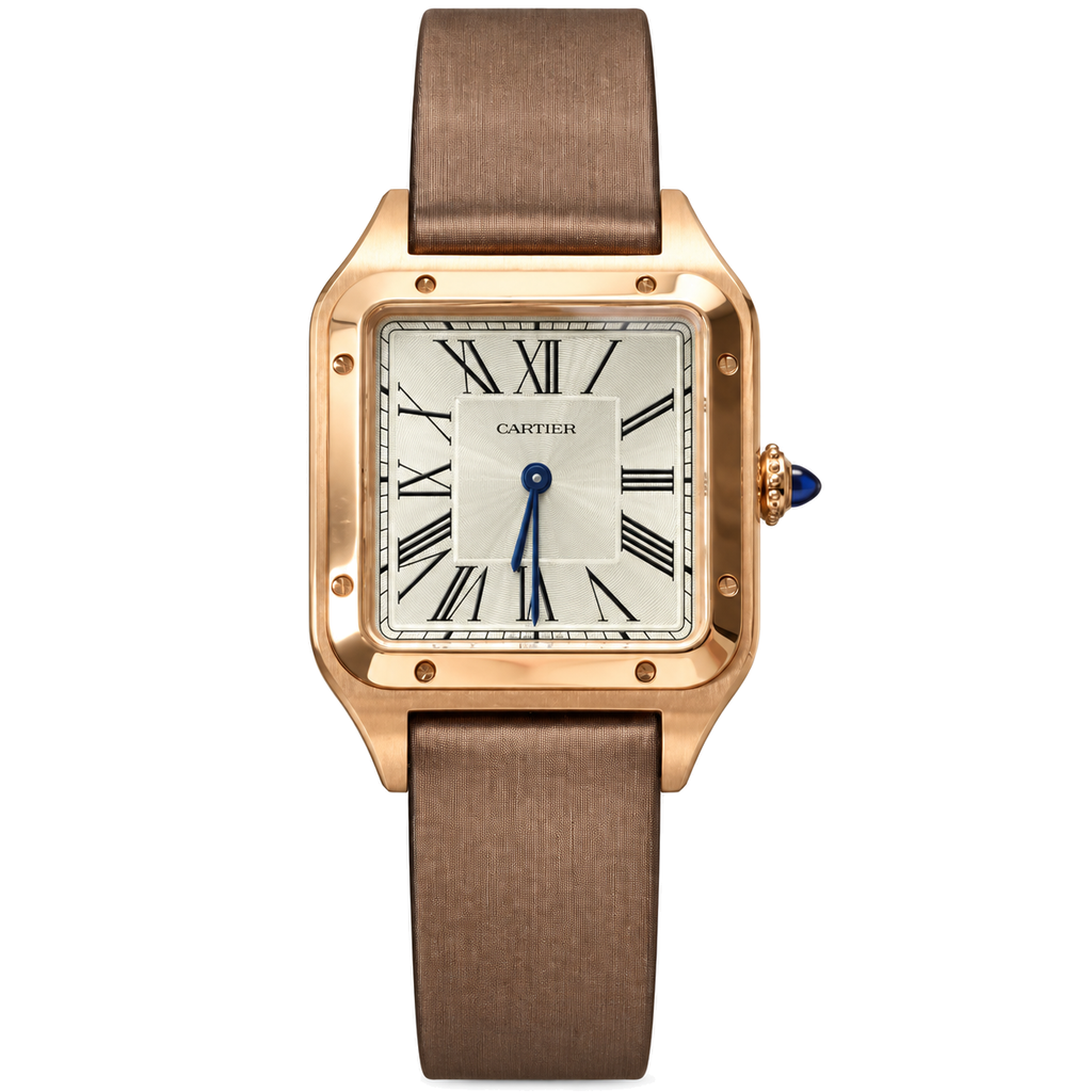 Cartier Santos-Dumont Large Rose Gold Silver Dial Manual Silk Strap Watch – KDY