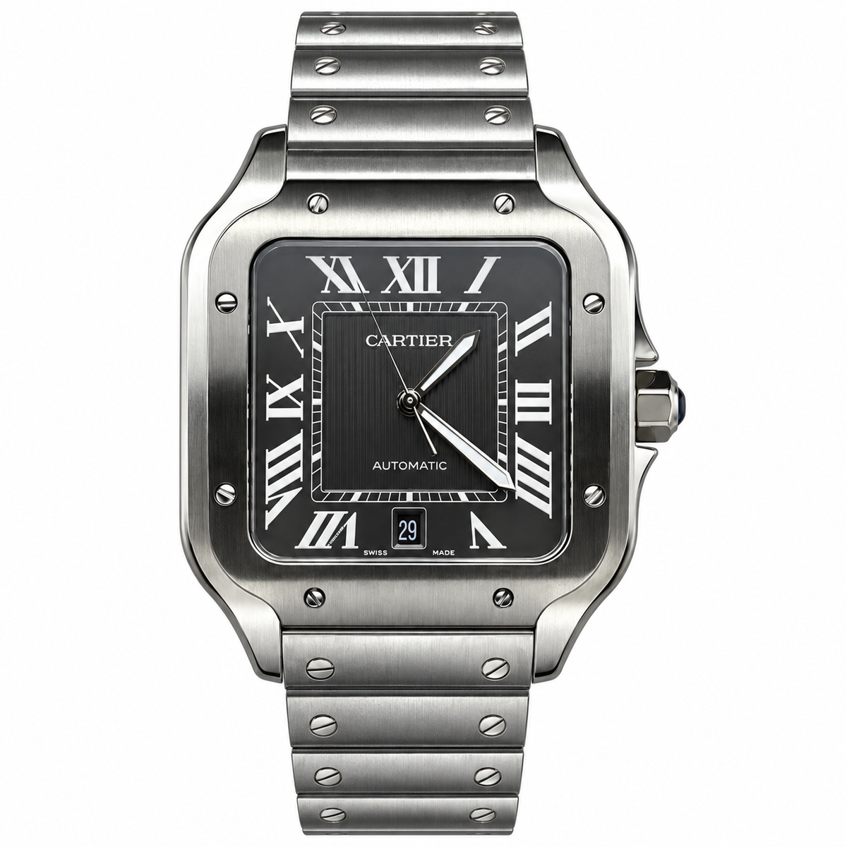 Cartier Santos Large — Steel, Black Dial, Roman Numerals, Date & Steel Bracelet, Automatic