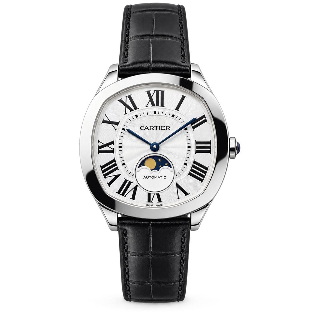 Cartier Drive de Cartier — Steel, White Dial, Moon Phase & Black Alligator Strap, Automatic