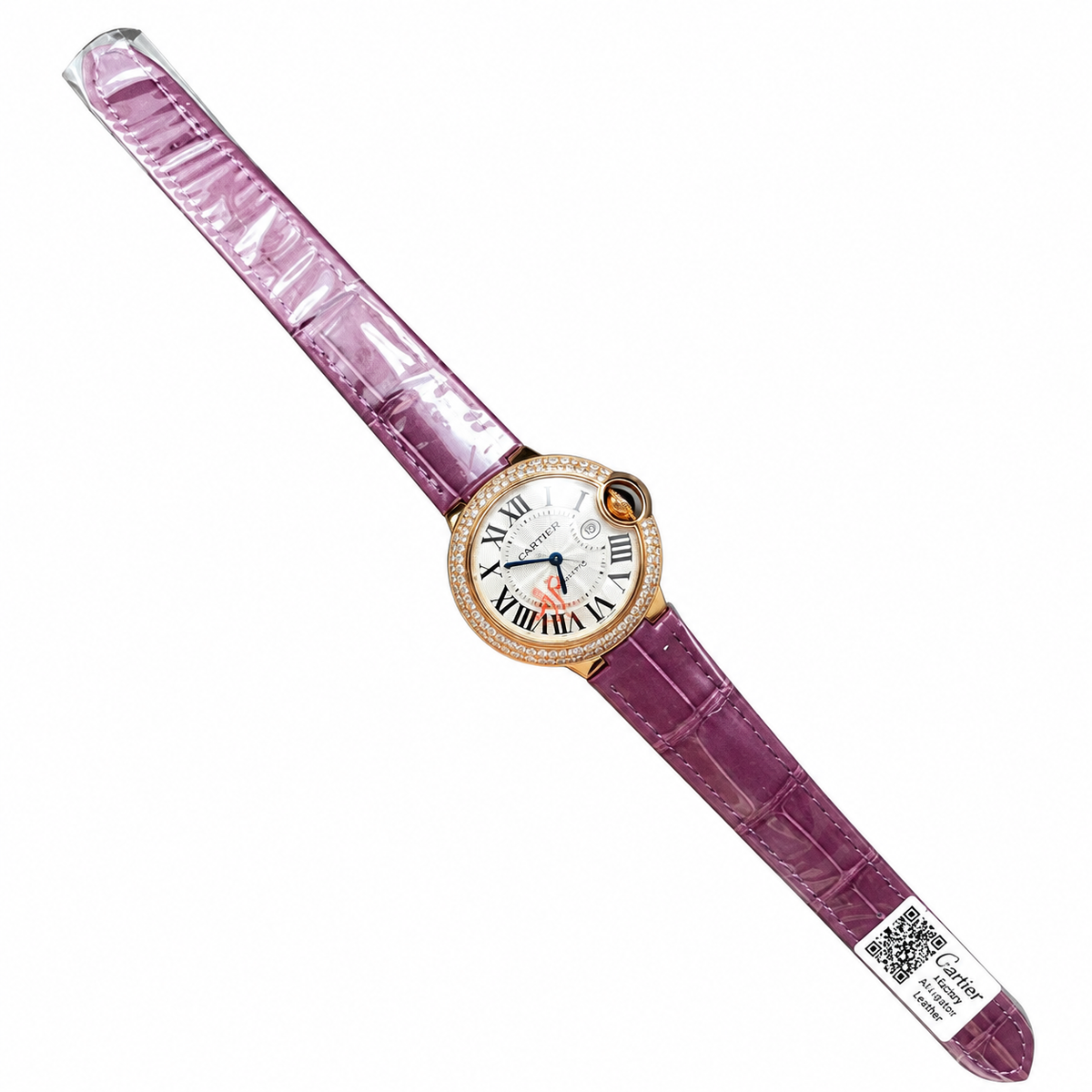 Cartier Ballon Bleu Automatic — 18K Yellow Gold, Diamond Bezel & Purple Alligator Strap