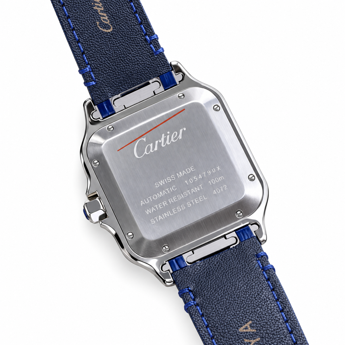 Cartier Santos de Cartier Large — Steel, Diamond Bezel, Blue Dial, Roman Numerals & Blue Alligator Strap, Automatic