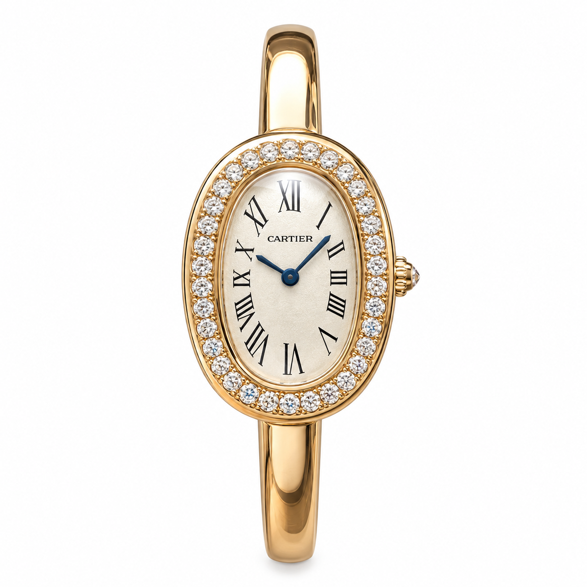 Cartier Baignoire — 18K Yellow Gold, Diamond Bezel, White Dial & Gold Bangle, Women