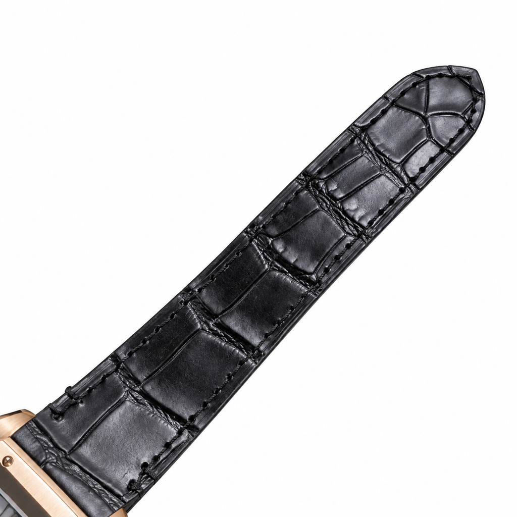 Cartier Santos Large Rose Gold White Dial Blue Hands Date Automatic Black Strap Watch – KDY
