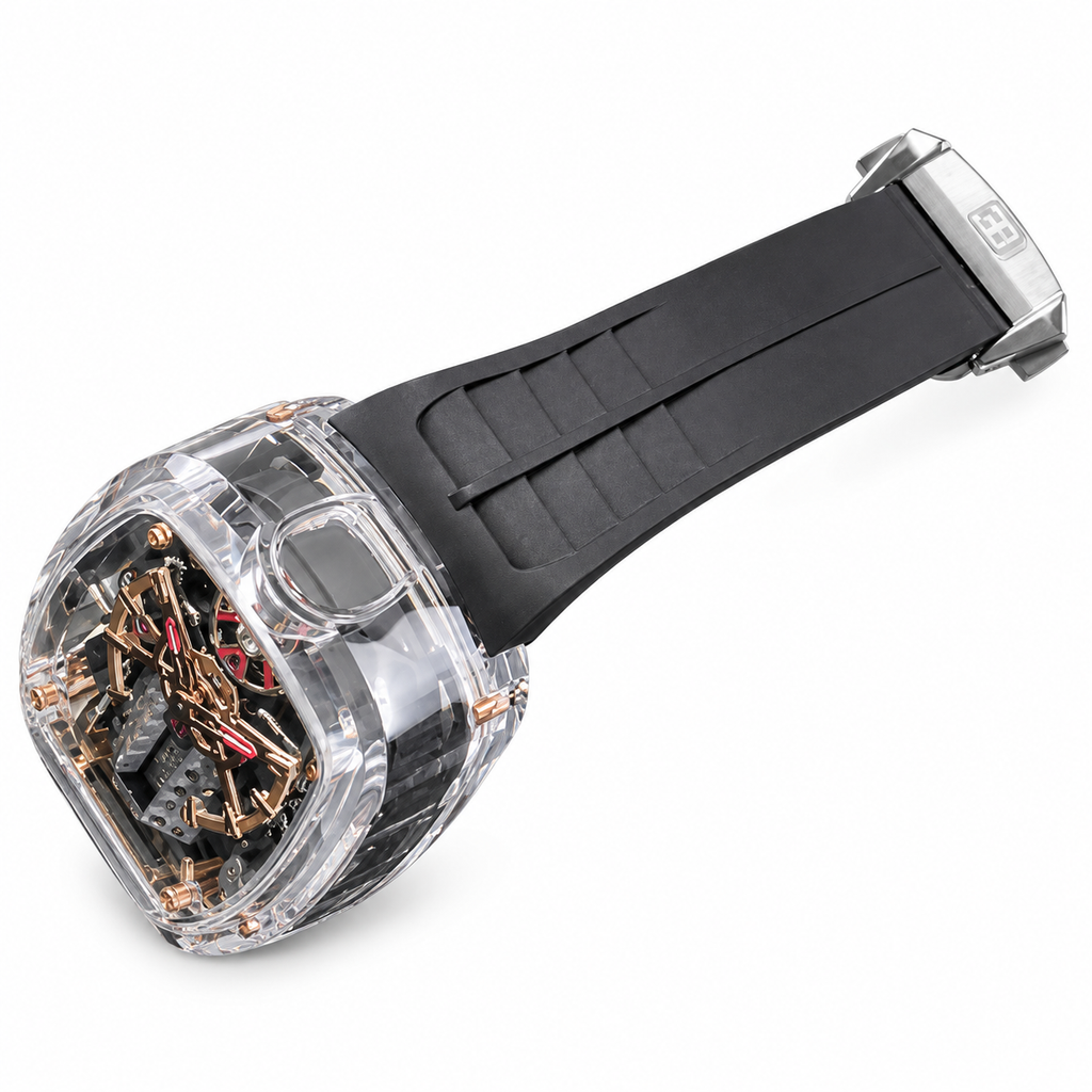 Jacob & Co. x Bugatti Chiron Clear Sapphire Rose Gold Tourbillon Black Rubber Watch