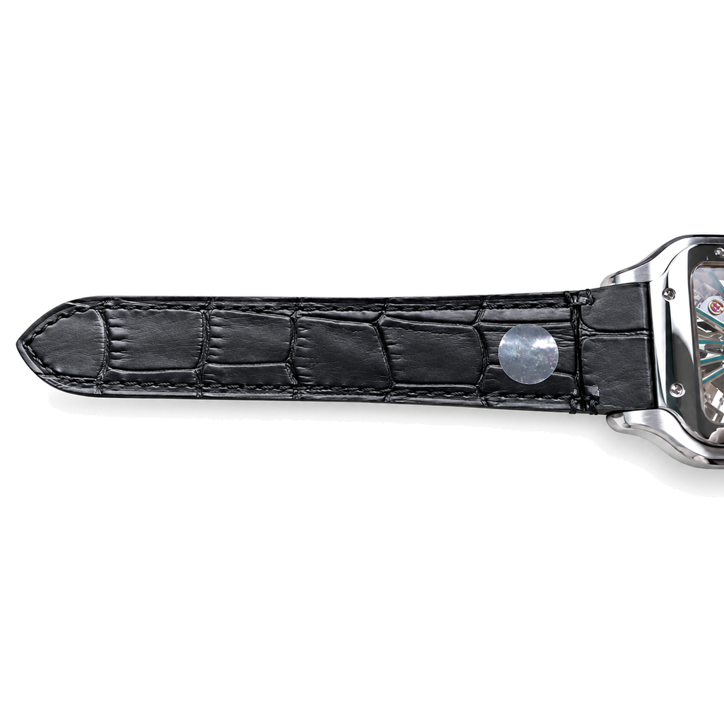 Cartier Santos de Cartier Skeleton — Stainless Steel, Green Roman Numerals & Black Leather Strap