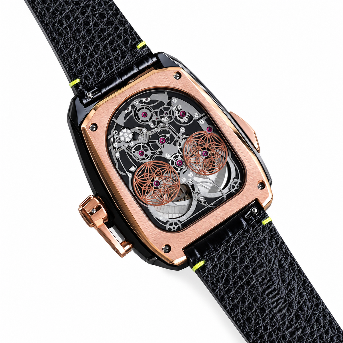 Jacob & Co. Palatial Flying Tourbillon Rose Gold Double Skeleton Yellow Black Leather Watch