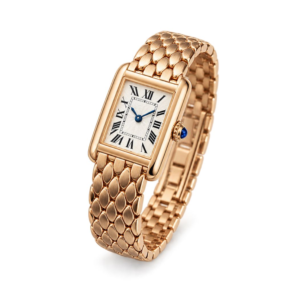 Cartier Tank Américaine Small — 18K Rose Gold, Silver Dial, Roman Numerals & Rose Gold Mesh Bracelet, Women