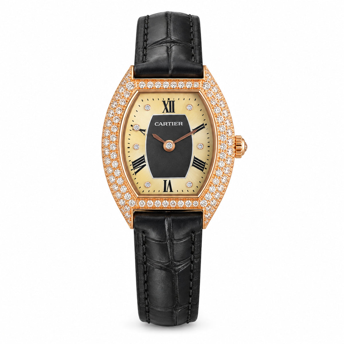 Cartier Tortue — Rose Gold Diamond Bezel & Orange Alligator Strap