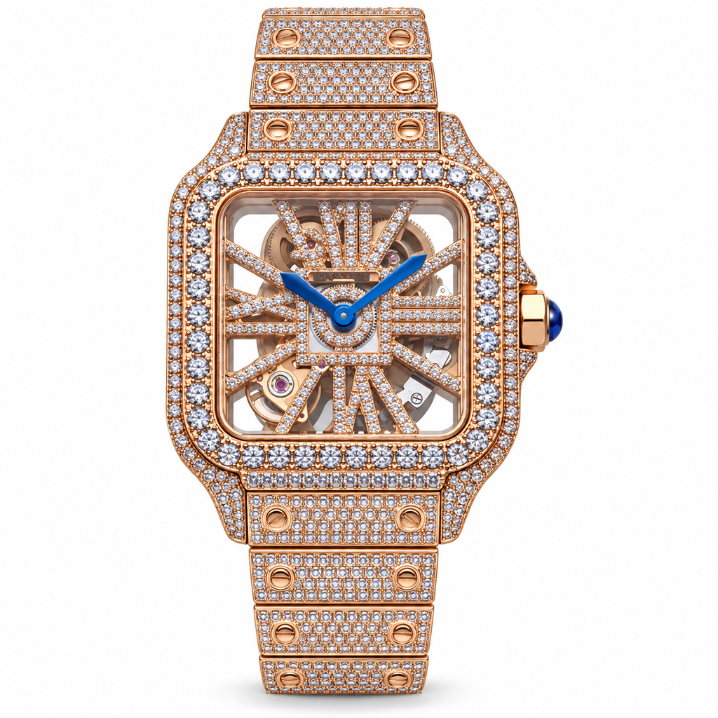 Cartier Santos Full Diamond Rose Gold Skeleton Watch – KDY