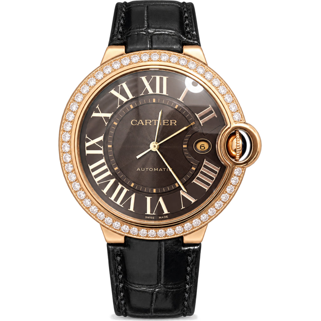 Cartier Ballon Bleu 42mm Automatic — 18K Rose Gold, Diamond Bezel, Grey Dial & Black Alligator Strap