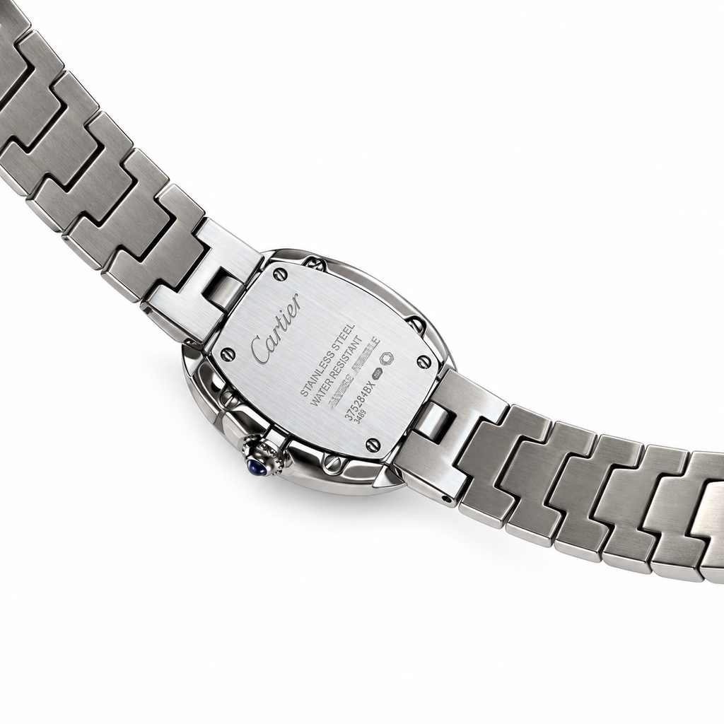 Cartier Baignoire Large — 18K White Gold, Diamond Bezel, Silver Dial, Roman Numerals & White Gold Bracelet, Women