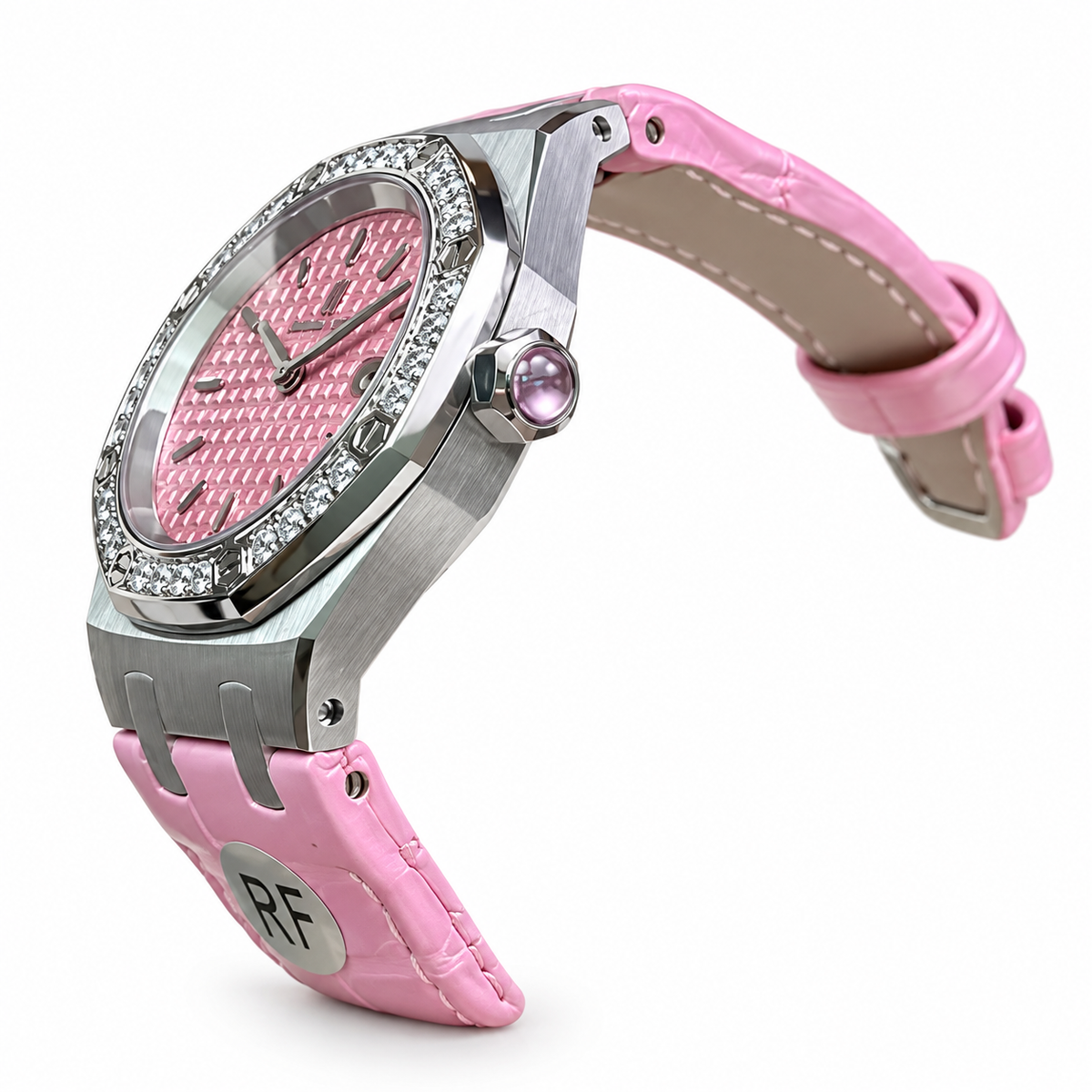 Audemars Piguet Royal Oak Ladies Diamond Bezel Pink Dial Leather Strap Roger Federer Edition