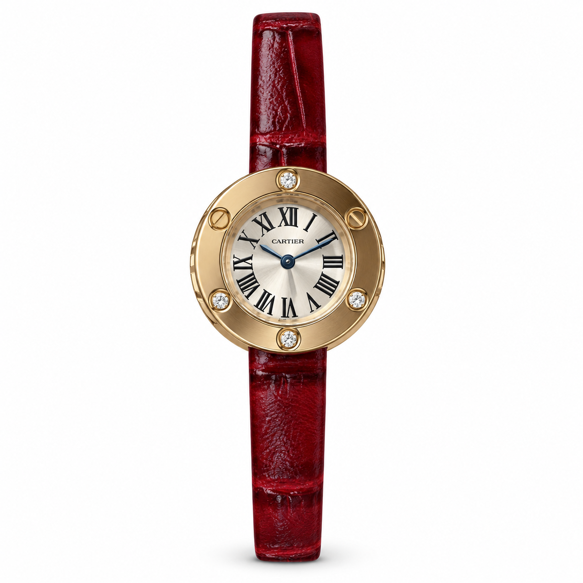 Cartier Love Watch Small — 18K Yellow Gold, 4 Diamonds, Silver Dial & Red Lacquer Strap, Women