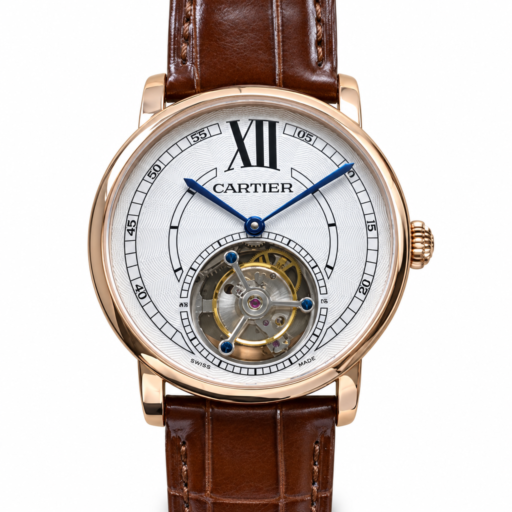 Cartier Rotonde de Cartier 18K Rose Gold Flying Tourbillon Silver Guilloché Dial Manual-Winding Brown Alligator Strap Watch