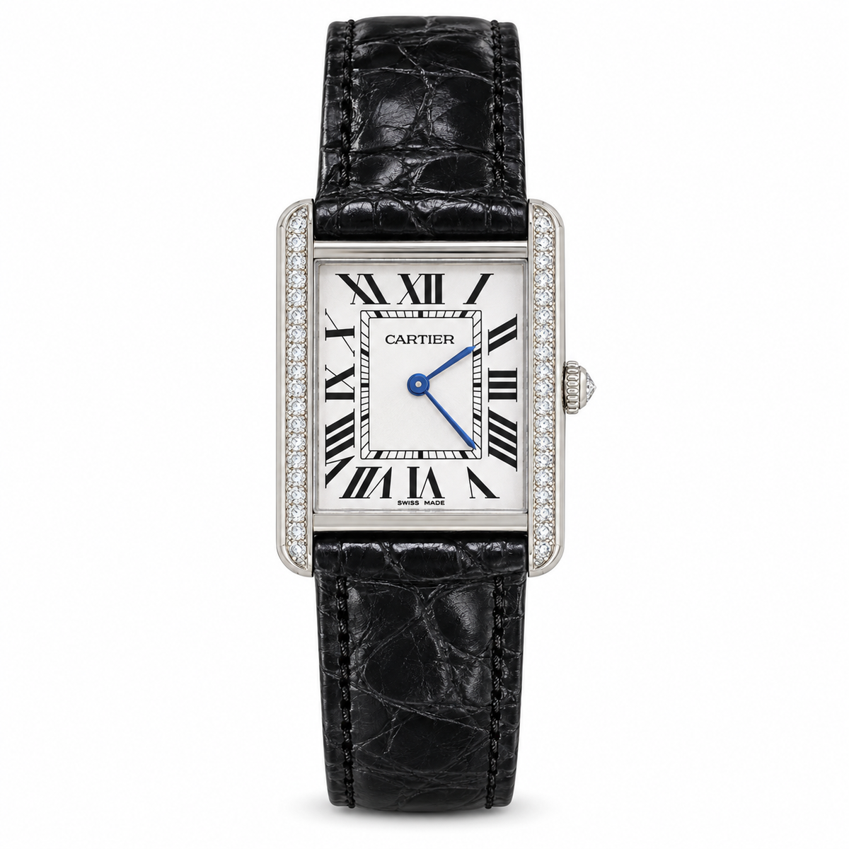 Cartier Tank Louis Large White Gold Diamond Lugs Silver Dial Black Strap Watch – KDY