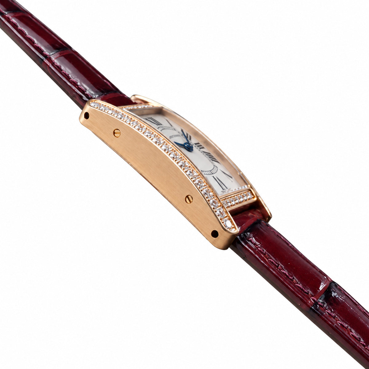 Cartier Tank Américaine Rose Gold Diamond Bezel Ladies Watch with Burgundy Leather Strap