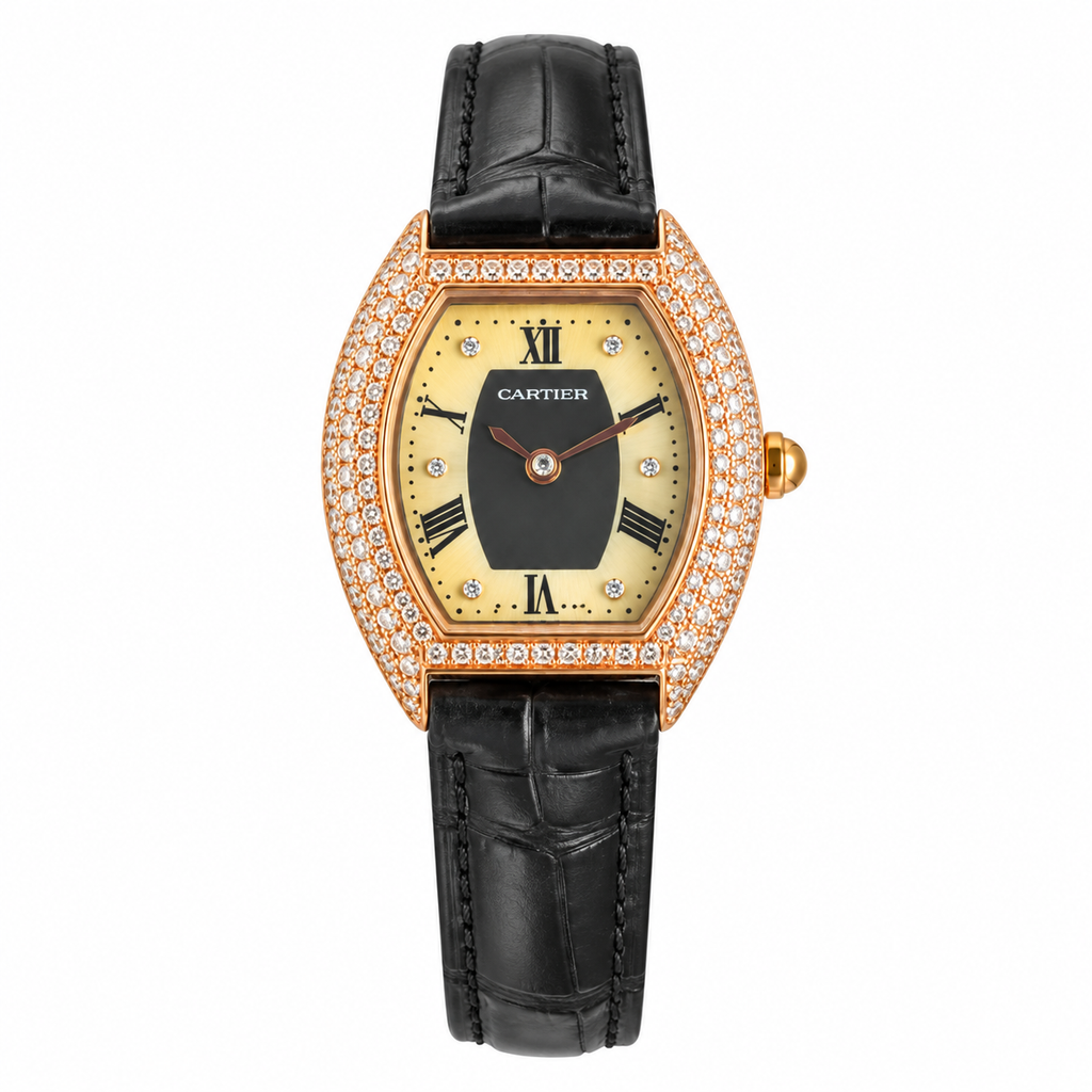 Cartier Tortue — Full Diamond White Gold, Two-Tone Dial & Red Alligator Strap