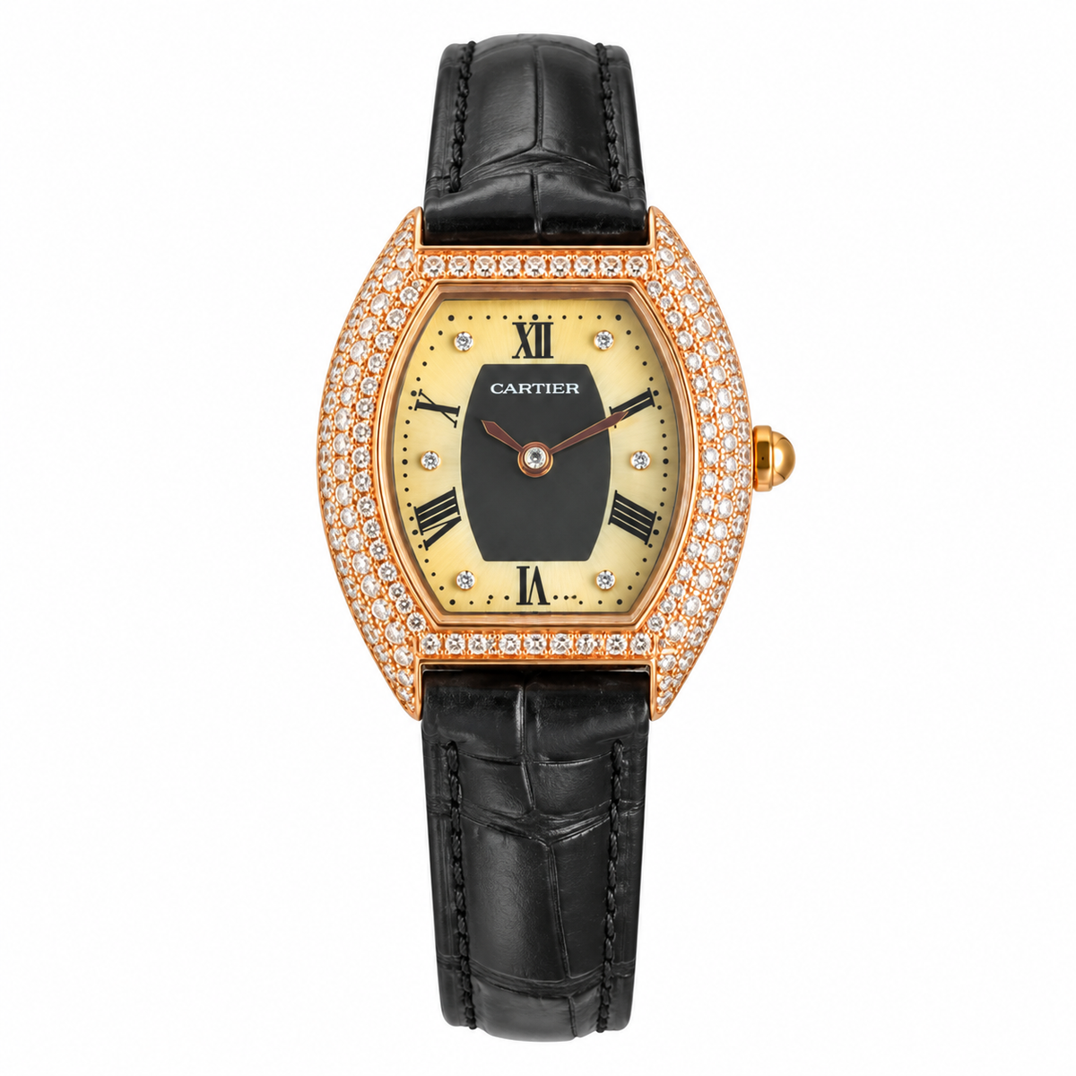 Cartier Tortue — Full Diamond White Gold, Two-Tone Dial & Red Alligator Strap
