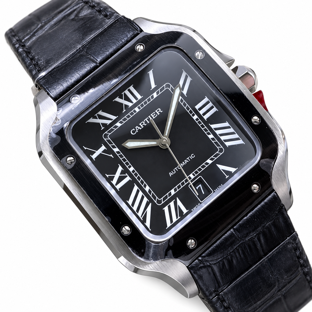 Cartier Santos Automatic Black Ceramic Bezel Alligator Leather Luxury Watch Swiss Made