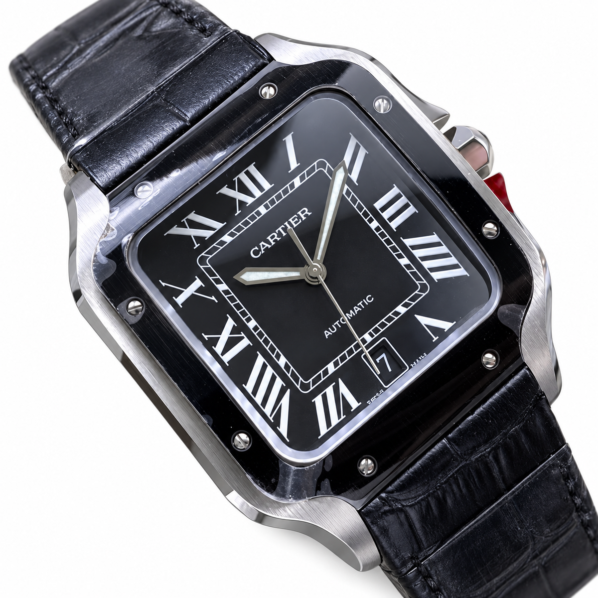 Cartier Santos Automatic Black Ceramic Bezel Alligator Leather Luxury Watch Swiss Made