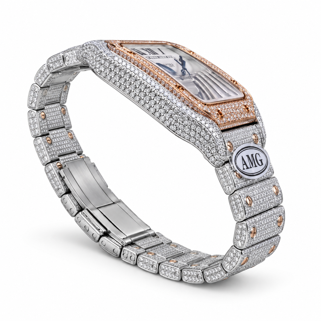 Cartier Santos Large Custom Iced Out — Two-Tone, Full Diamond Pavé, White Dial, Date, Automatic