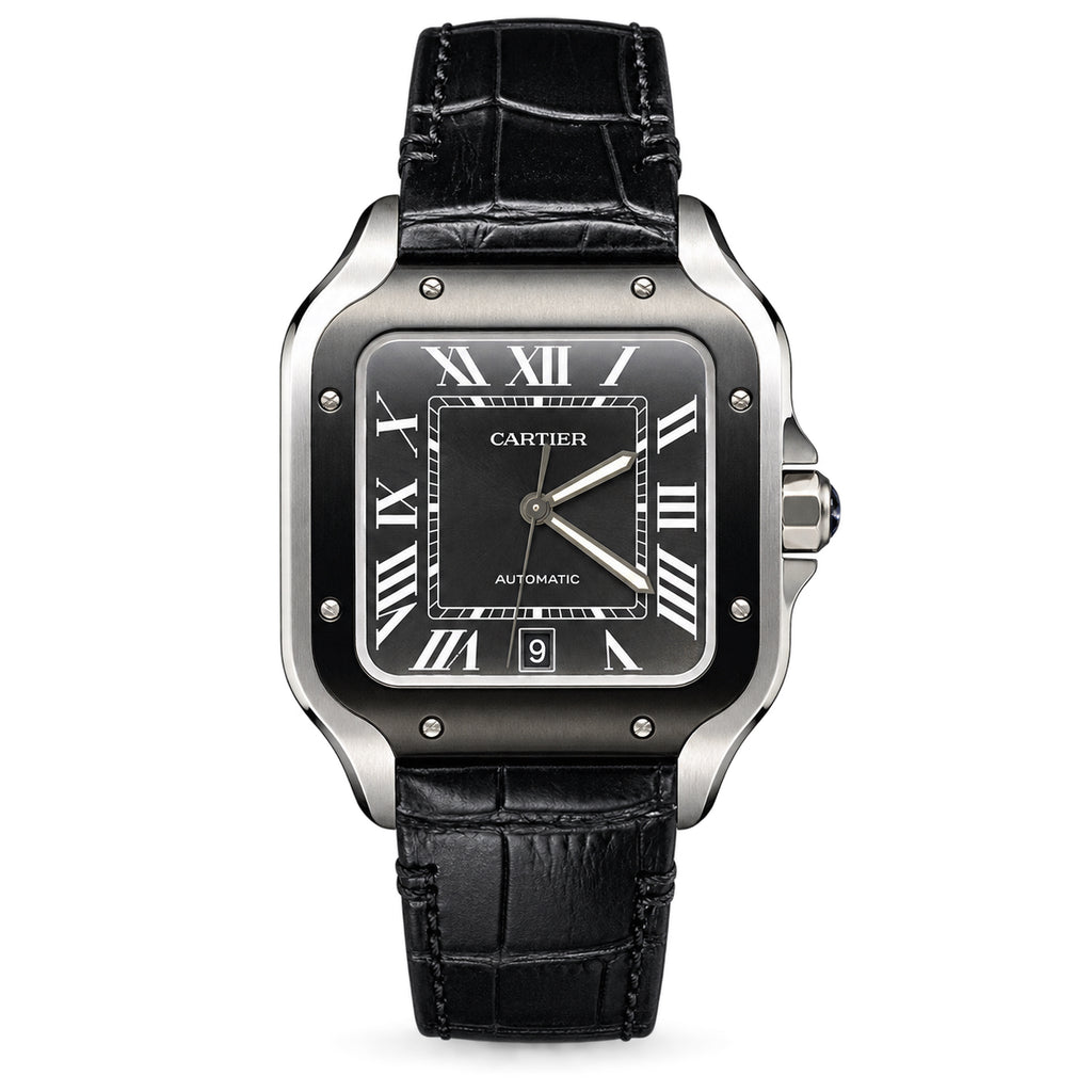 Cartier Santos Large — Steel & Black ADLC, Black Dial, Roman Numerals, Date & Black Alligator Strap, Automatic