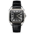 Cartier Santos Large — Steel & Black ADLC, Black Dial, Roman Numerals, Date & Black Alligator Strap, Automatic