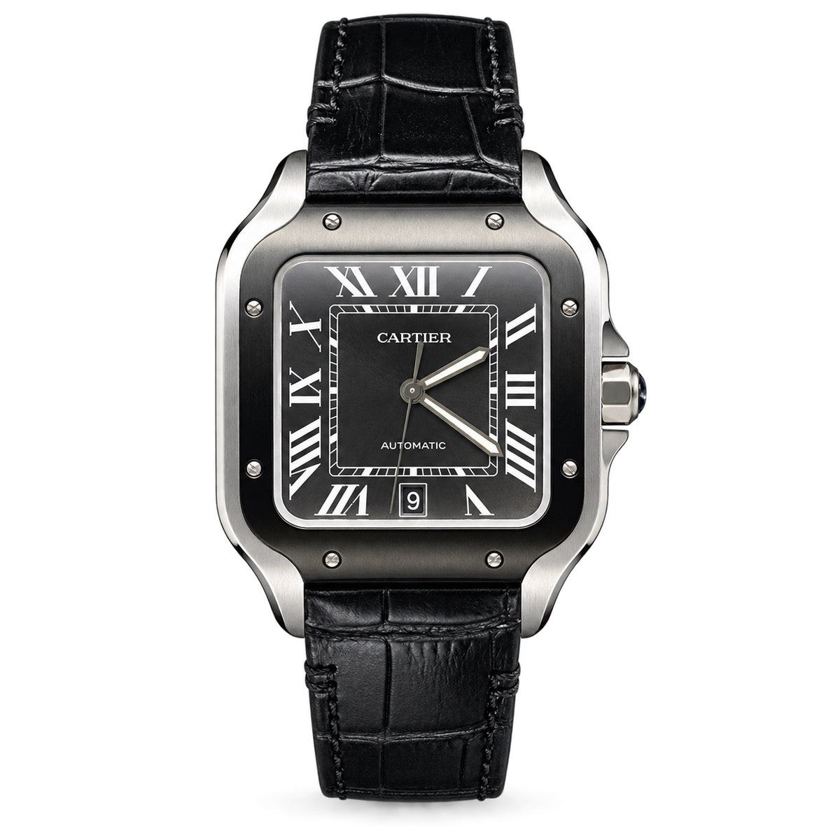 Cartier Santos Large — Steel & Black ADLC, Black Dial, Roman Numerals, Date & Black Alligator Strap, Automatic
