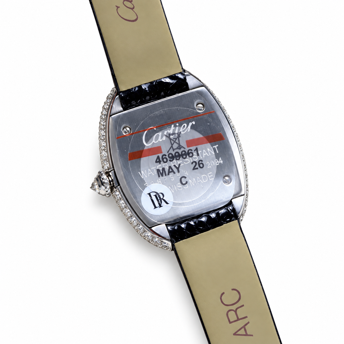 Cartier Baignoire Mini — 18K White Gold, Diamond Bezel, White Dial & Black Glitter Strap, Women