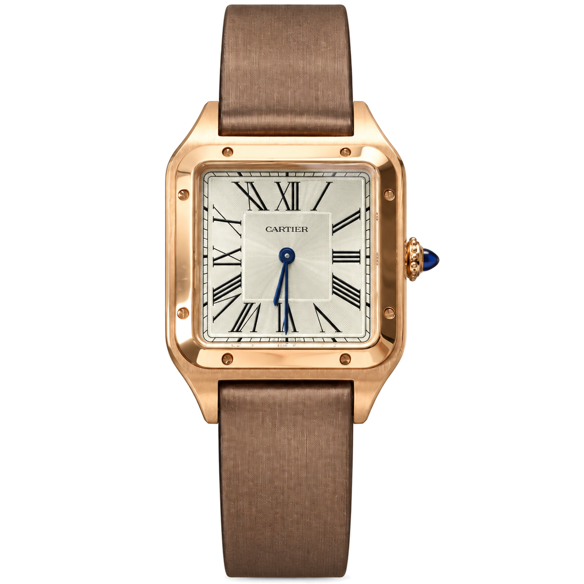 Cartier Santos-Dumont Large 18K Rose Gold Silver Guilloché Dial Manual-Winding Taupe Silk-Satin Strap Watch
