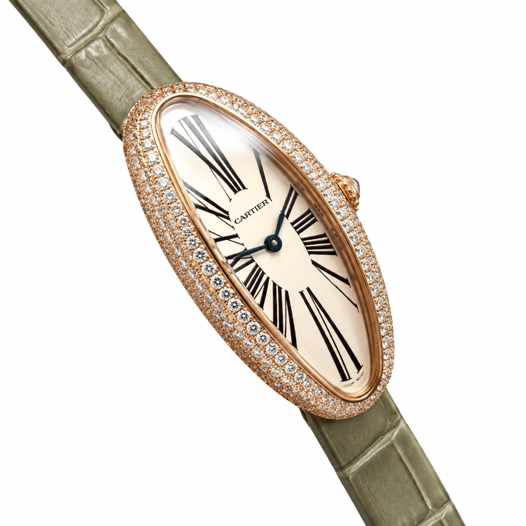 Cartier Baignoire Allongée Large — 18K Rose Gold, Double Diamond Bezel, Cream Oval Dial & Olive Alligator Strap, Women