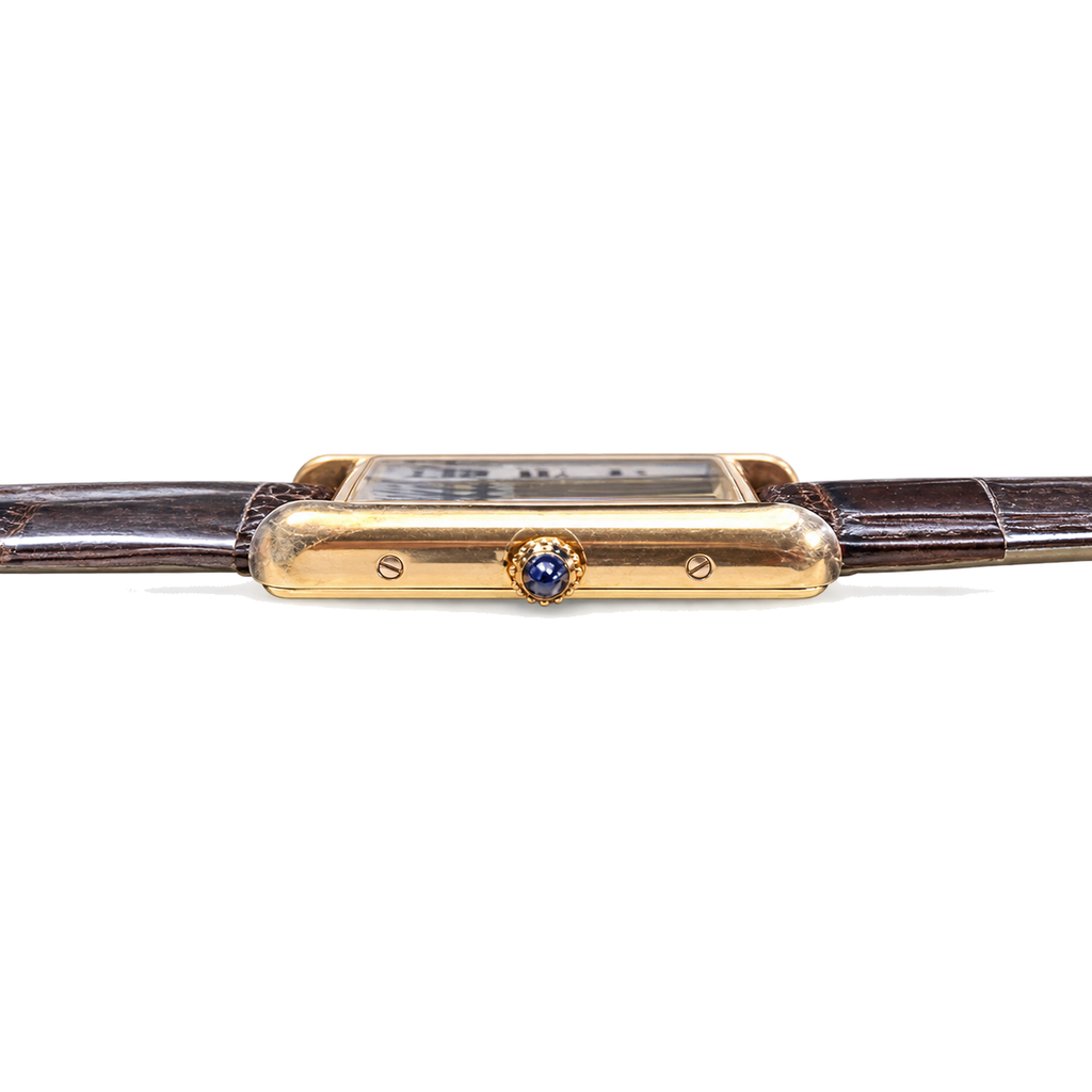 Cartier Tank Louis Cartier Large — 18K Yellow Gold, White Dial, Roman Numerals & Brown Alligator Strap