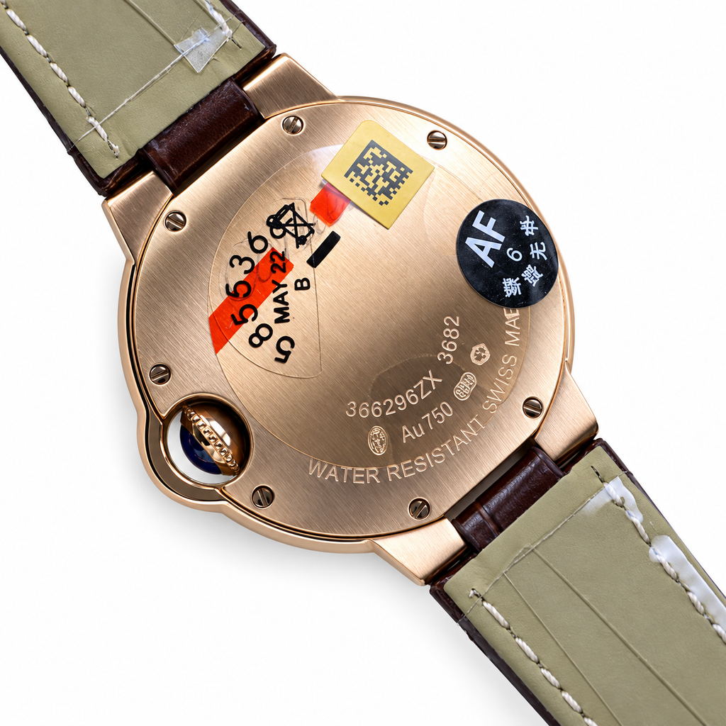 Cartier Ballon Bleu 33mm — 18K Rose Gold, Silver Dial, Roman Numerals & Brown Alligator Strap, Women