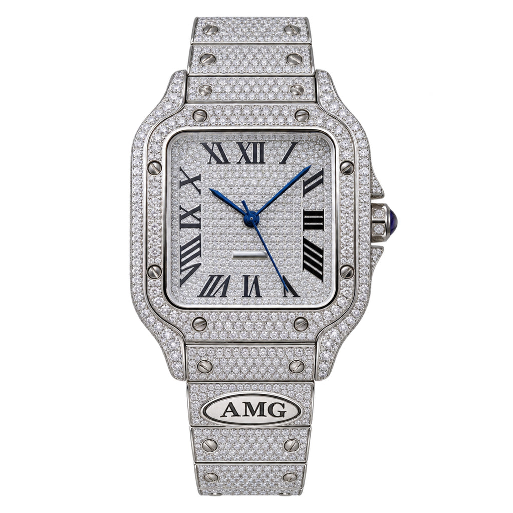 Cartier Santos de Cartier — Full Diamond Pavé & AMG Custom Steel Bracelet Watch