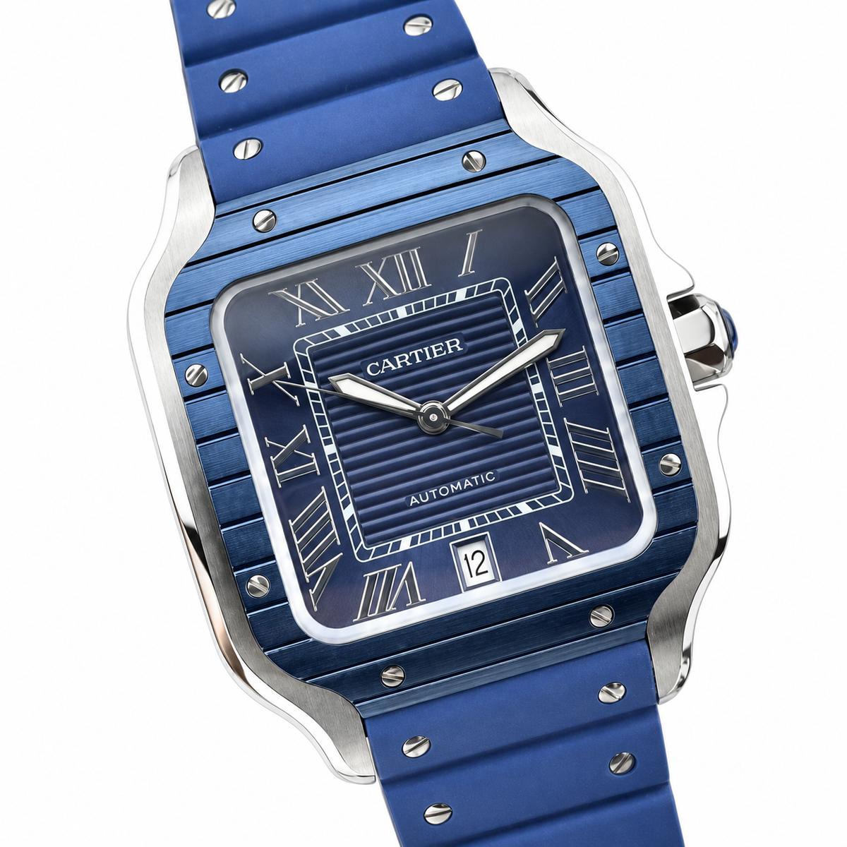 Cartier Santos de Cartier Automatic — Steel & Blue ADLC, Blue Dial & Rubber Strap