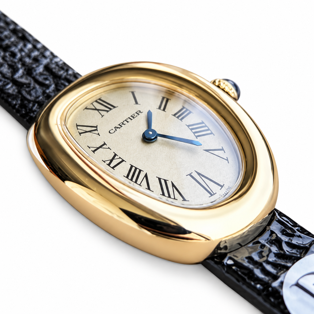 Cartier Baignoire — 18K Yellow Gold, Ivory Dial & Black Leather Strap