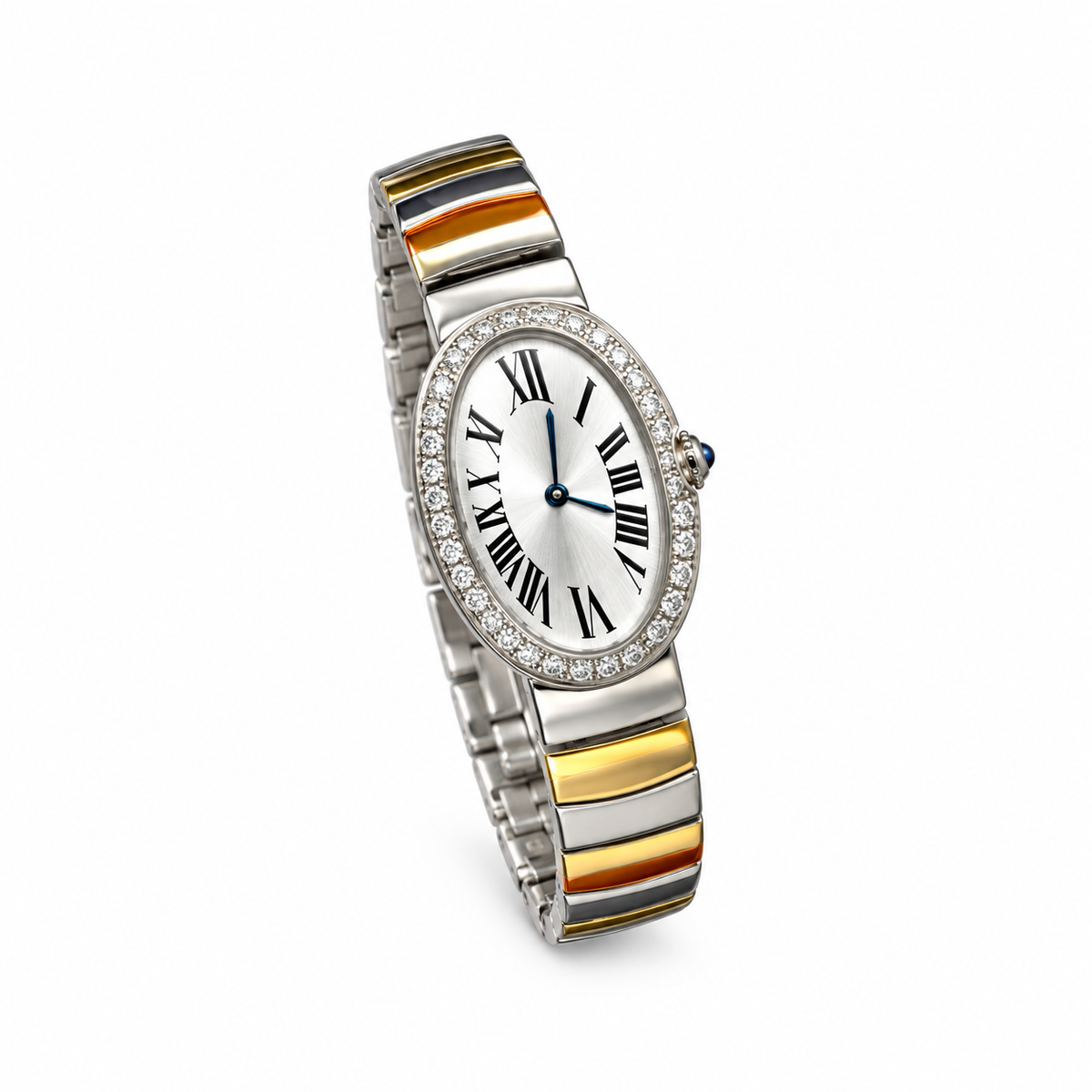 Cartier Baignoire — 18K White Gold, Large Diamond Bezel & Two-Tone Gold Bracelet