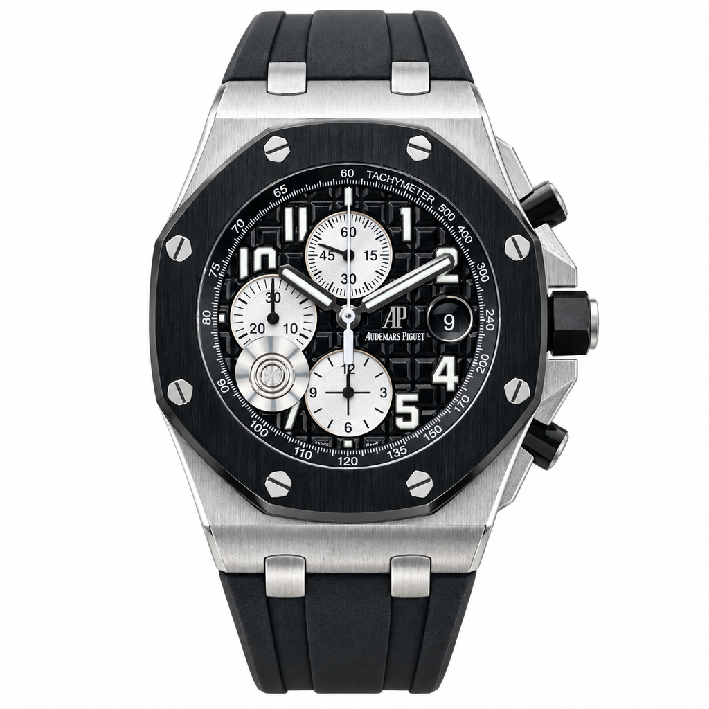 Audemars Piguet Royal Oak Offshore Chronograph Black Ceramic Tachymeter Bezel Mega Tapisserie Dial Steel 42mm Black Rubber Strap