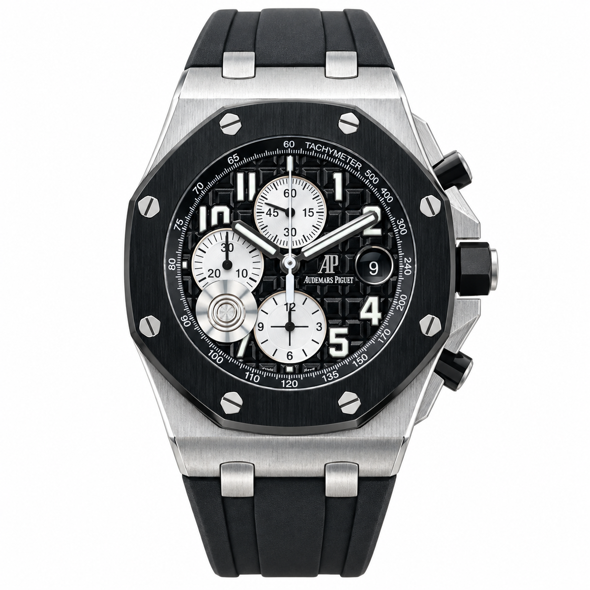 Audemars Piguet Royal Oak Offshore Chronograph Black Ceramic Tachymeter Bezel Mega Tapisserie Dial Steel 42mm Black Rubber Strap