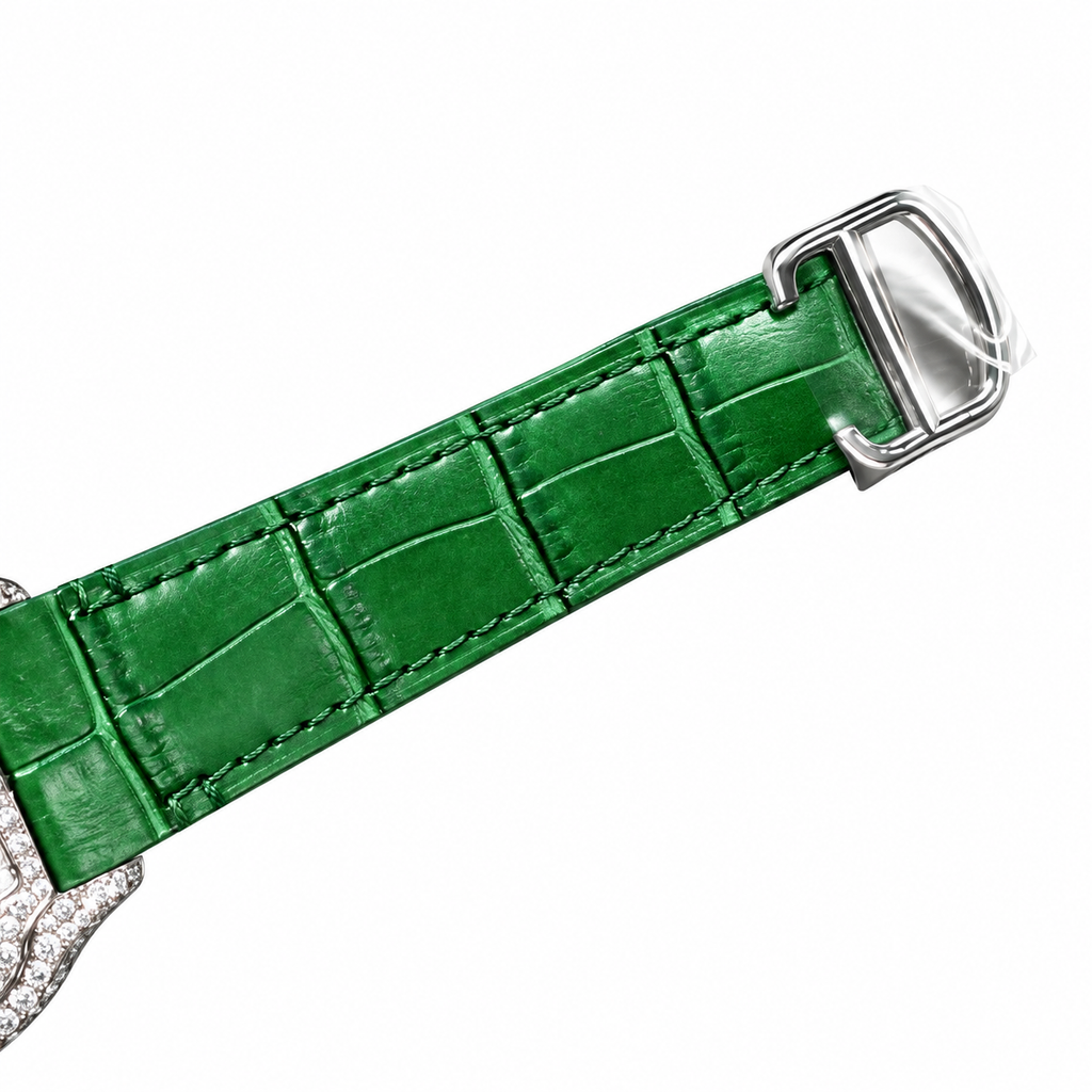 Cartier Santos de Cartier Automatic — 18K White Gold, Full Diamond Bezel, Green Arabic Dial & Green Alligator Strap