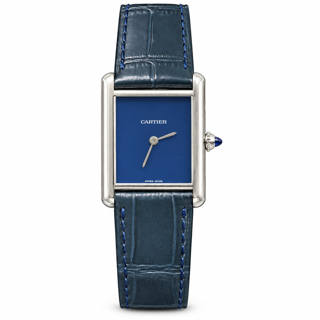 Cartier Tank Must Large — Steel, Navy Blue Dial, No Numerals & Blue Alligator Strap, Quartz