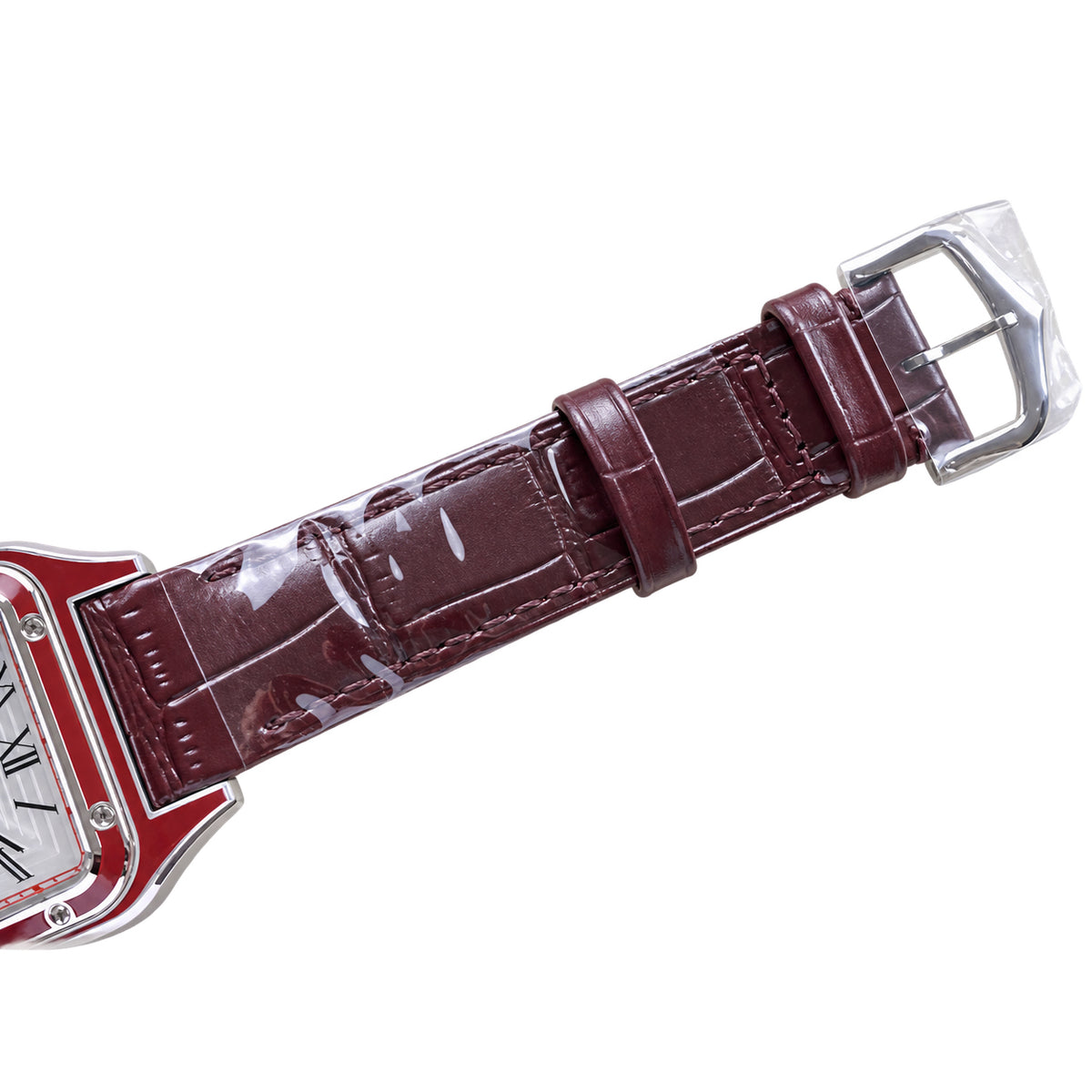 Cartier Santos-Dumont Large — Steel, Burgundy Enamel Bezel, White Dial, Roman Numerals & Burgundy Alligator Strap, Quartz