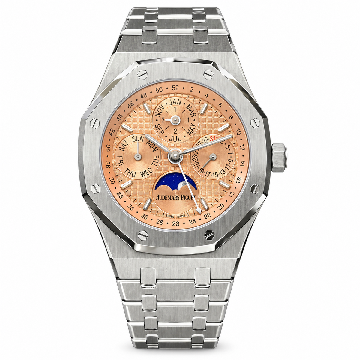 Audemars Piguet Royal Oak Perpetual Calendar Salmon Dial Moon Phase Steel Watch