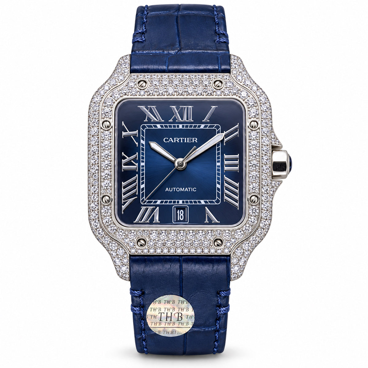 Cartier Santos Full Diamond Pavé Blue Dial Blue Alligator Leather Watch