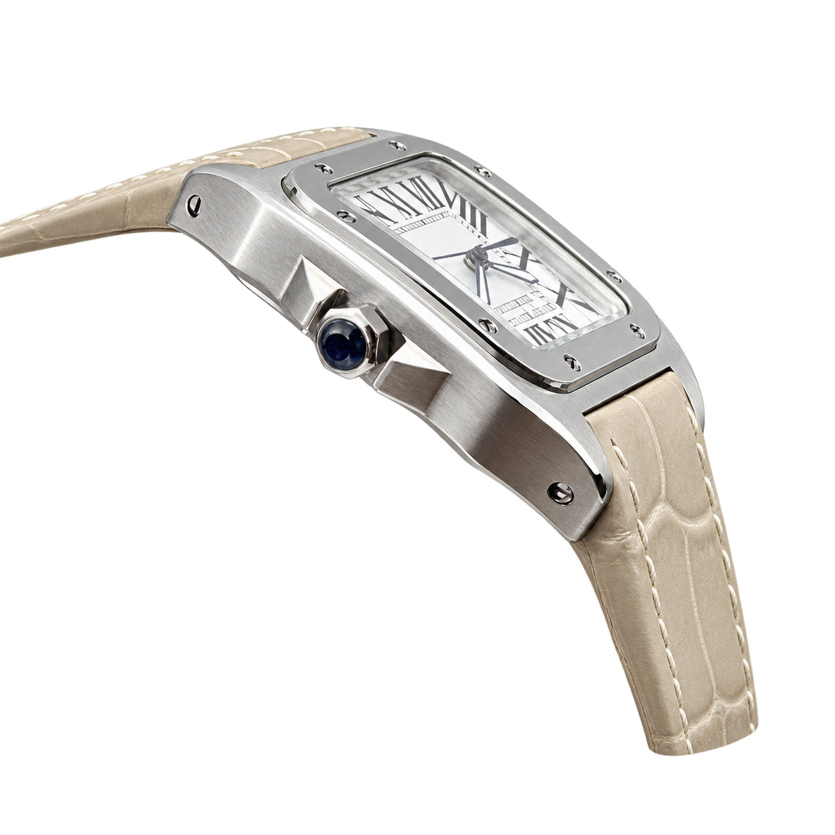 Cartier Santos-Dumont Small — Steel, White Dial, Roman Numerals & Beige Alligator Strap, Women
