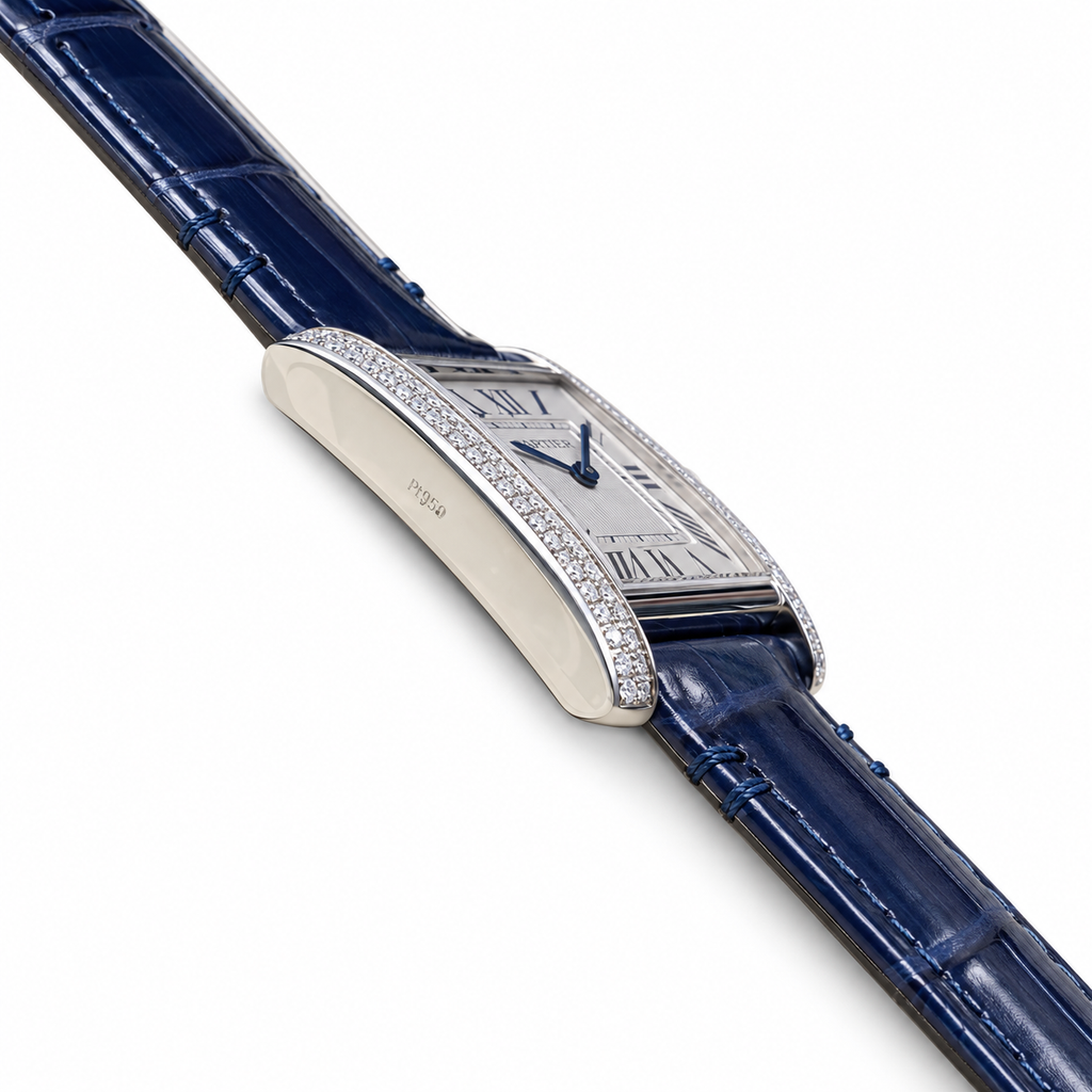 Cartier Tank Louis Small White Gold Diamond Lugs Silver Dial Navy Strap Watch – KDY