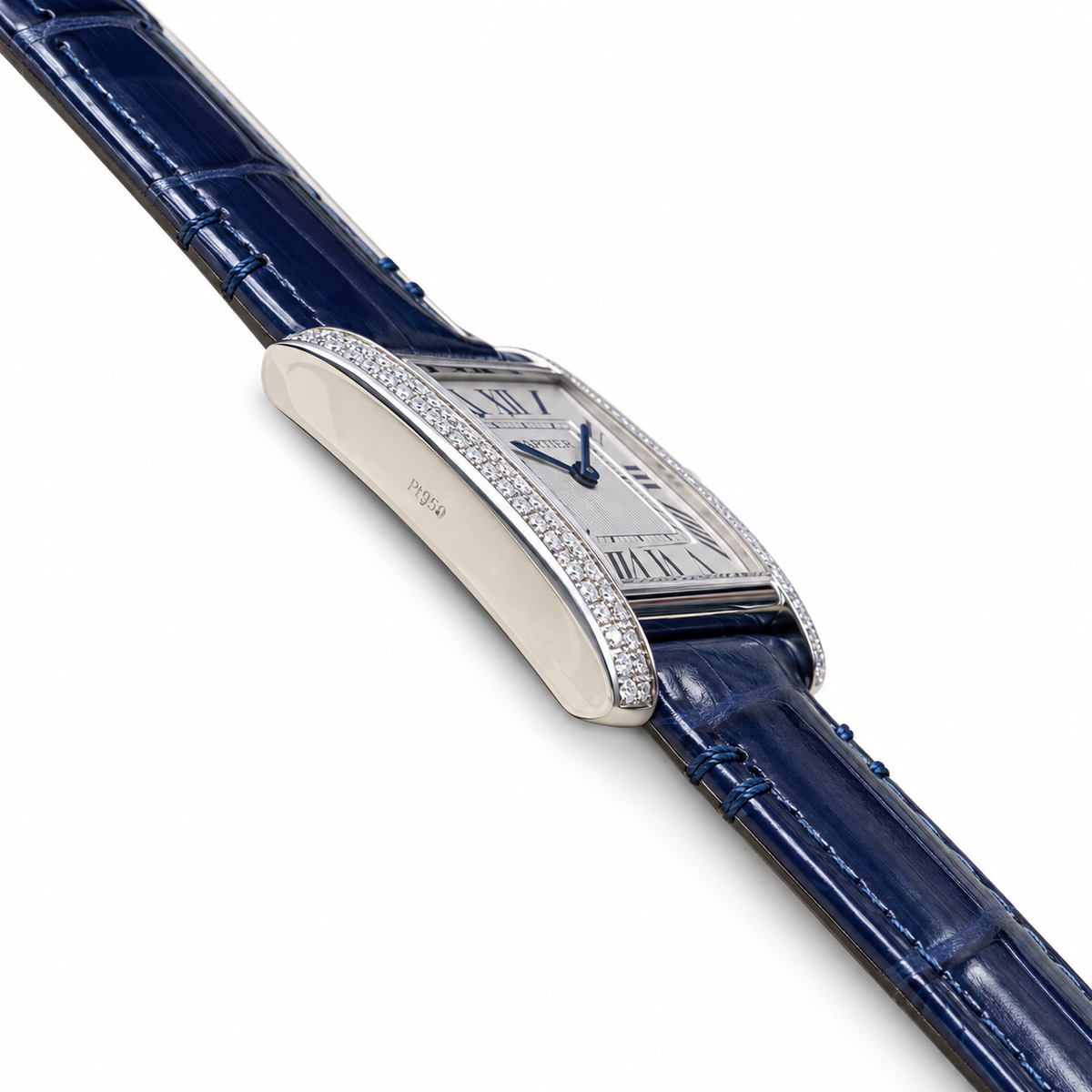 Cartier Tank Louis Small White Gold Diamond Lugs Silver Dial Navy Strap Watch – KDY