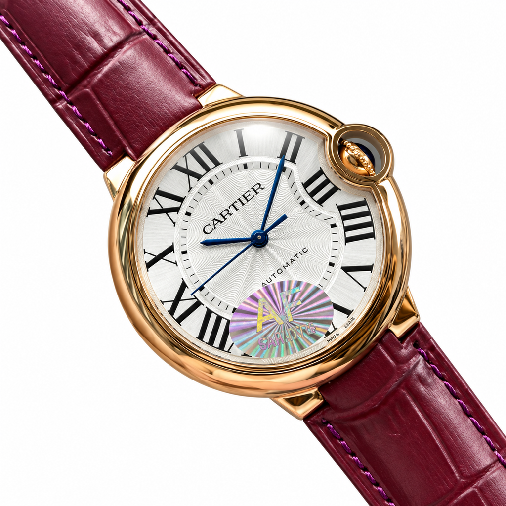 Cartier Ballon Bleu de Cartier 36mm — 18K Rose Gold, Silver Guilloché Dial, Roman Numerals & Burgundy Alligator Strap, Automatic
