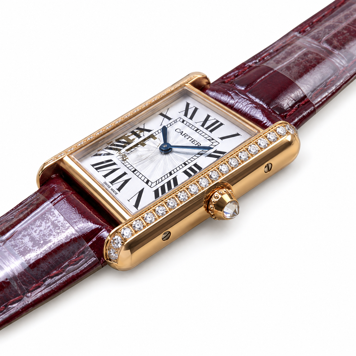 Cartier Tank Louis Small Rose Gold Diamond Lugs Silver Dial Burgundy Strap Watch – KDY