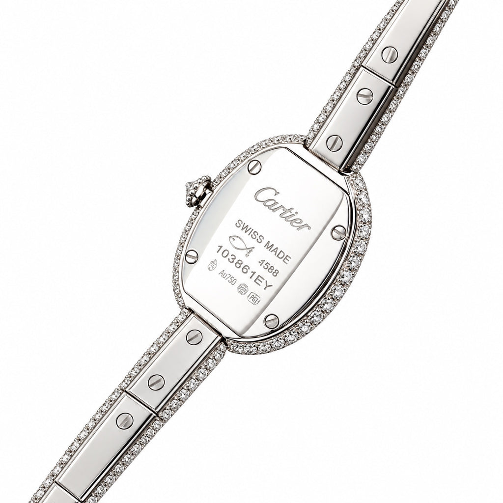 Cartier Baignoire — 18K White Gold, Full Diamond Bezel & Diamond Bangle, White Dial, Women